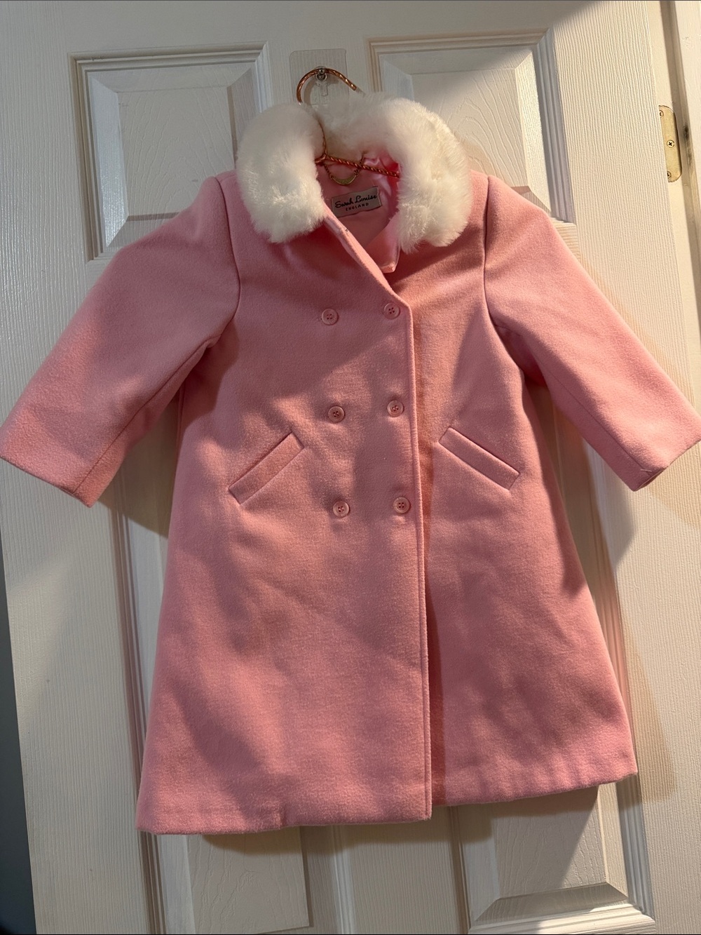 Girls' Pink Double-Breasted Pea Coat with Faux Fur Collar